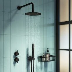 Arezzo Matt Black Concealed Individual Diverter + Thermostatic Control Valve with Handset + 200mm Shower Head