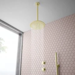 Arezzo Brushed Brass Concealed Individual Diverter + Thermostatic Control Valve with Handset + Ceiling Mounted Shower Head