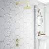Arezzo Brushed Brass Concealed Individual Stop Tap + Thermostatic Control Valve with Wall Mounted Shower Head 2 Arezzo Brushed Brass Concealed Individual Stop Tap + Thermostatic Control Valve with Wall Mounted Shower Head -ShowerLux Shop ARZB ISV PK3 n p
