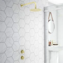 Arezzo Brushed Brass Concealed Individual Stop Tap + Thermostatic Control Valve with Wall Mounted Shower Head