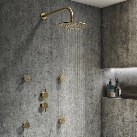 Arezzo Brushed Brass Concealed Individual Diverter + Thermostatic Control Valve w. 4 Body Jets + Fixed Head 3 Arezzo Brushed Brass Concealed Individual Diverter + Thermostatic Control Valve w. 4 Body Jets + Fixed Head