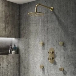 Arezzo Brushed Brass Industrial Style Round Modern Twin Concealed Shower Valve with Diverter 11 Arezzo Brushed Brass Industrial Style Round Modern Twin Concealed Shower Valve with Diverter -ShowerLux Shop AZBBIV2 d4 460