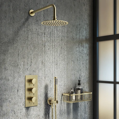 Arezzo Brushed Brass Round Thermostatic Shower Pack with Wall Mounted Head + Handset 3 Arezzo Brushed Brass Round Thermostatic Shower Pack with Wall Mounted Head + Handset