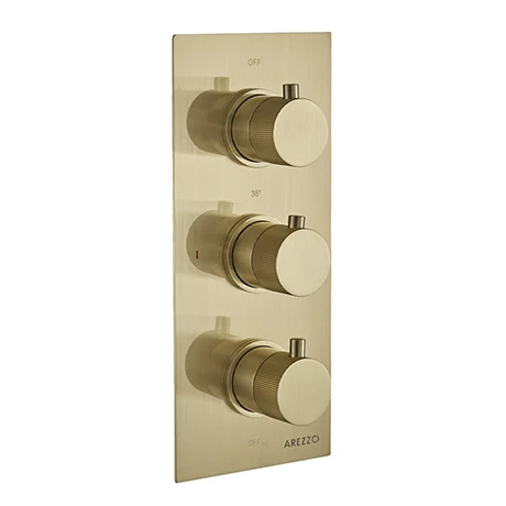 Arezzo Fluted Round Modern Triple Concealed Shower Valve - Brushed Brass 3 Arezzo Fluted Round Modern Triple Concealed Shower Valve - Brushed Brass