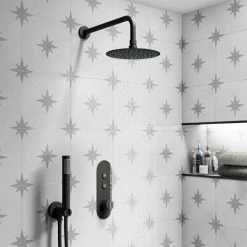 Arezzo Matt Black Industrial Style Push Button Shower Valve (2 Outlets) -ShowerLux Shop AZPB02RMB d3 460
