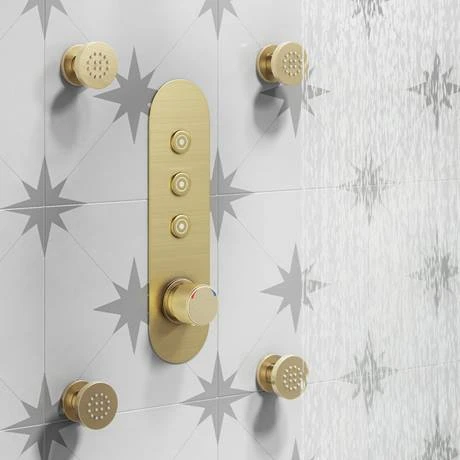 Arezzo Brushed Brass Industrial Style Push Button Shower Valve (3 Outlets) 7 Arezzo Brushed Brass Industrial Style Push Button Shower Valve (3 Outlets) - Image 5