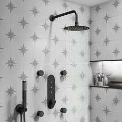Arezzo Matt Black Industrial Style Push Button Shower Valve with Diverter, Handset, Fixed Shower Head + 4 Body Jets