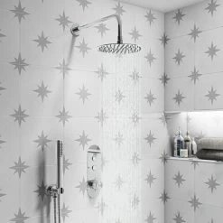 Arezzo Chrome Push-Button Shower with Handset + Rainfall Shower Head
