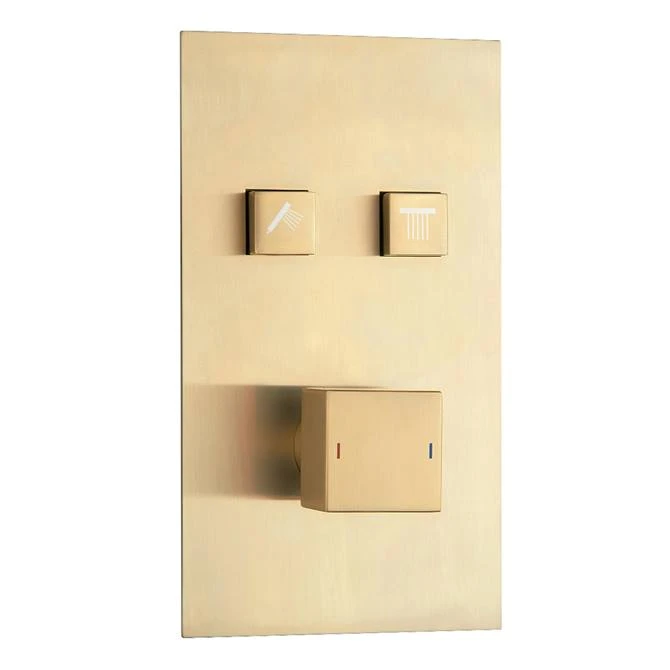 Arezzo Brushed Brass Twin Modern Square Push-Button Shower Valve with 2 Outlets 3 Arezzo Brushed Brass Twin Modern Square Push-Button Shower Valve with 2 Outlets
