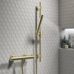 Arezzo Brushed Brass Round Thermostatic Bar Shower Valve -ShowerLux Shop AZRDBB d3 460