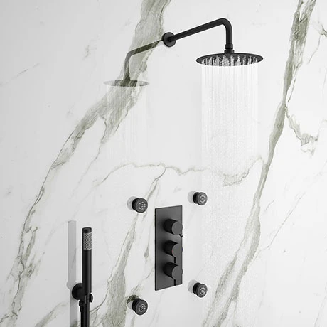 Arezzo Matt Black Round Concealed Triple Shower Valve with Diverter, Handset, Fixed Shower Head + 4 Body Jets 3 Arezzo Matt Black Round Concealed Triple Shower Valve with Diverter, Handset, Fixed Shower Head + 4 Body Jets