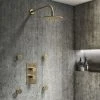 Arezzo Brushed Brass Round Shower System with Diverter, Fixed Shower Head + 4 Body Jets -ShowerLux Shop AZRDSV4BJBB p