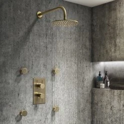 Arezzo Brushed Brass Round Shower System with Diverter, Fixed Shower Head + 4 Body Jets