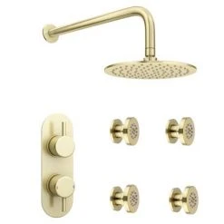Arezzo Brushed Brass Round Shower System w. Diverter, Fixed Head + 4 Body Jets (Oval Backplate) -ShowerLux Shop AZRDSV4BJBBR d3 460
