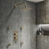 Arezzo Brushed Brass Round Shower System w. Diverter, Fixed Head + 4 Body Jets (Oval Backplate) -ShowerLux Shop AZRDSV4BJBBR p