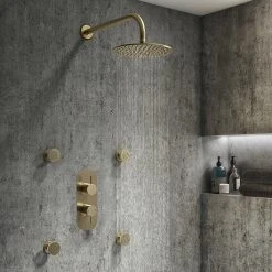 Arezzo Brushed Brass Round Shower System w. Diverter, Fixed Head + 4 Body Jets (Oval Backplate)