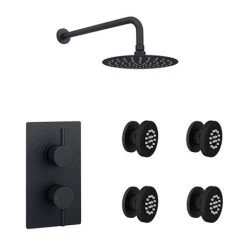 Arezzo Matt Black Round Shower System with Diverter, Fixed Shower Head + 4 Body Jets -ShowerLux Shop AZRDSV4BJ n detail5 460
