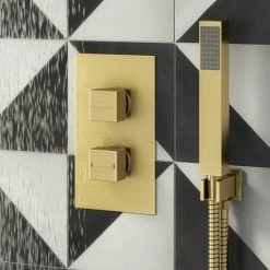 Arezzo Brushed Brass Square Shower System (Twin Valve with Diverter, Wall Mounted Head + Handset) 11 Arezzo Brushed Brass Square Shower System (Twin Valve with Diverter, Wall Mounted Head + Handset) -ShowerLux Shop AZSQBBSP5 detail03 460