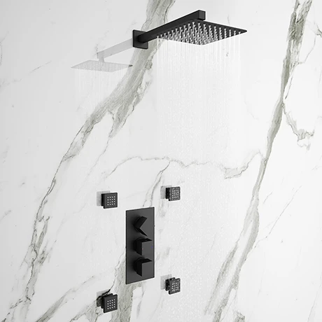 Arezzo Matt Black Square Concealed Triple Shower Valve with Fixed Head + 4 Body Jets 3 Arezzo Matt Black Square Concealed Triple Shower Valve with Fixed Head + 4 Body Jets