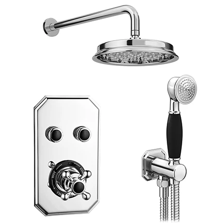 Chatsworth 1928 Black Traditional Push-Button Shower Valve Pack with Handset + Rainfall Shower Head 3 Chatsworth 1928 Black Traditional Push-Button Shower Valve Pack with Handset + Rainfall Shower Head
