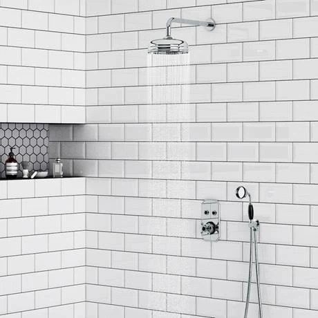 Chatsworth 1928 Black Traditional Push-Button Shower System with Large Handset + 8" Rainfall Shower Head 4 Chatsworth 1928 Black Traditional Push-Button Shower System with Large Handset + 8" Rainfall Shower Head - Image 2