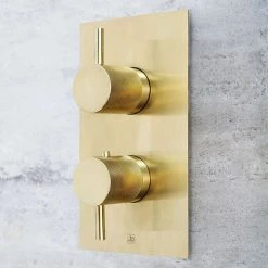 JTP Vos Brushed Brass Twin Outlet Thermostatic Concealed Shower Valve with Designer Handles