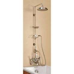 Burlington Claremont Wall Mounted Angled Bath Shower Mixer w Riser, 9" Rose & Soap Basket