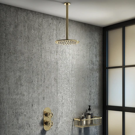 Arezzo Brushed Brass Industrial Style Shower System with Concealed Valve + Ceiling Mounted Head 3 Arezzo Brushed Brass Industrial Style Shower System with Concealed Valve + Ceiling Mounted Head