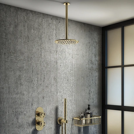 Arezzo Brushed Brass Industrial Style Shower System with Concealed Valve, Handset + Ceiling Mounted Head 3 Arezzo Brushed Brass Industrial Style Shower System with Concealed Valve, Handset + Ceiling Mounted Head