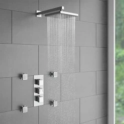 Milan Square Concealed Triple Shower Valve with Fixed Head & 4 Body Jets - Chrome