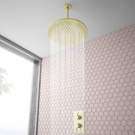 Arezzo Brushed Brass Twin Concealed Shower Valve inc. 300mm Head + 200mm Ceiling Mounted Arm 3 Arezzo Brushed Brass Twin Concealed Shower Valve inc. 300mm Head + 200mm Ceiling Mounted Arm