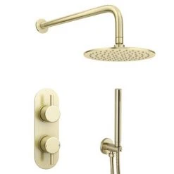 Arezzo Brushed Brass Round Thermostatic Shower Pack with Head + Handset (Oval Backplate) -ShowerLux Shop RD4BBPKR d4 460
