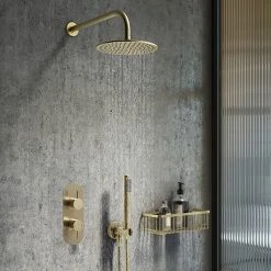 Arezzo Brushed Brass Round Thermostatic Shower Pack with Head + Handset (Oval Backplate)