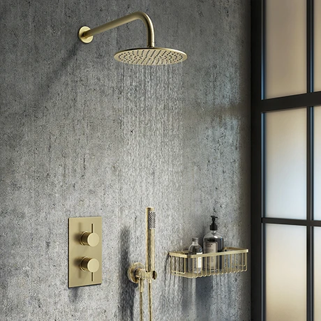 Arezzo Brushed Brass Round Thermostatic Shower Pack with Head + Handset 3 Arezzo Brushed Brass Round Thermostatic Shower Pack with Head + Handset