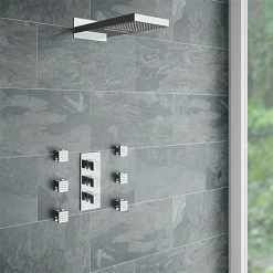 Milan Square Triple Valve with Diverter, Fixed Water Blade Shower Head + 6 Body Jets