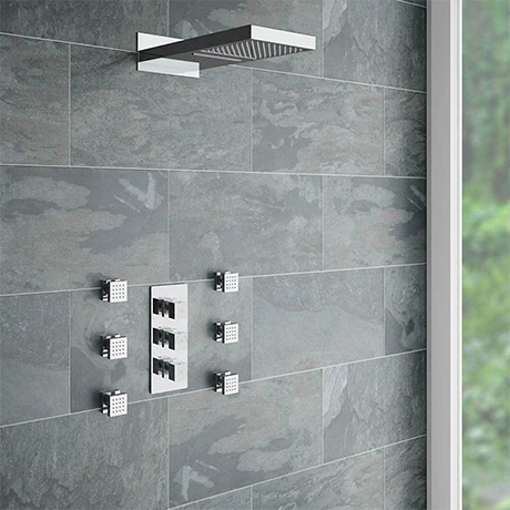 Milan Square Triple Valve with Diverter, Fixed Water Blade Shower Head + 6 Body Jets 3 Milan Square Triple Valve with Diverter, Fixed Water Blade Shower Head + 6 Body Jets