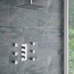 Modern Square Triple Shower Valve, Ceiling Mounted Square Shower Head & 6 Body Jets